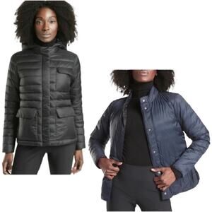 Athleta Jacket Womens Small Black Blue Pulse Reversible Puffer Goose Down Hooded